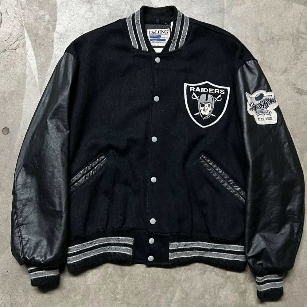 Vintage 90’s NFL Raiders Wool + Leather-Sleeve DeLong Varsity Jacket L